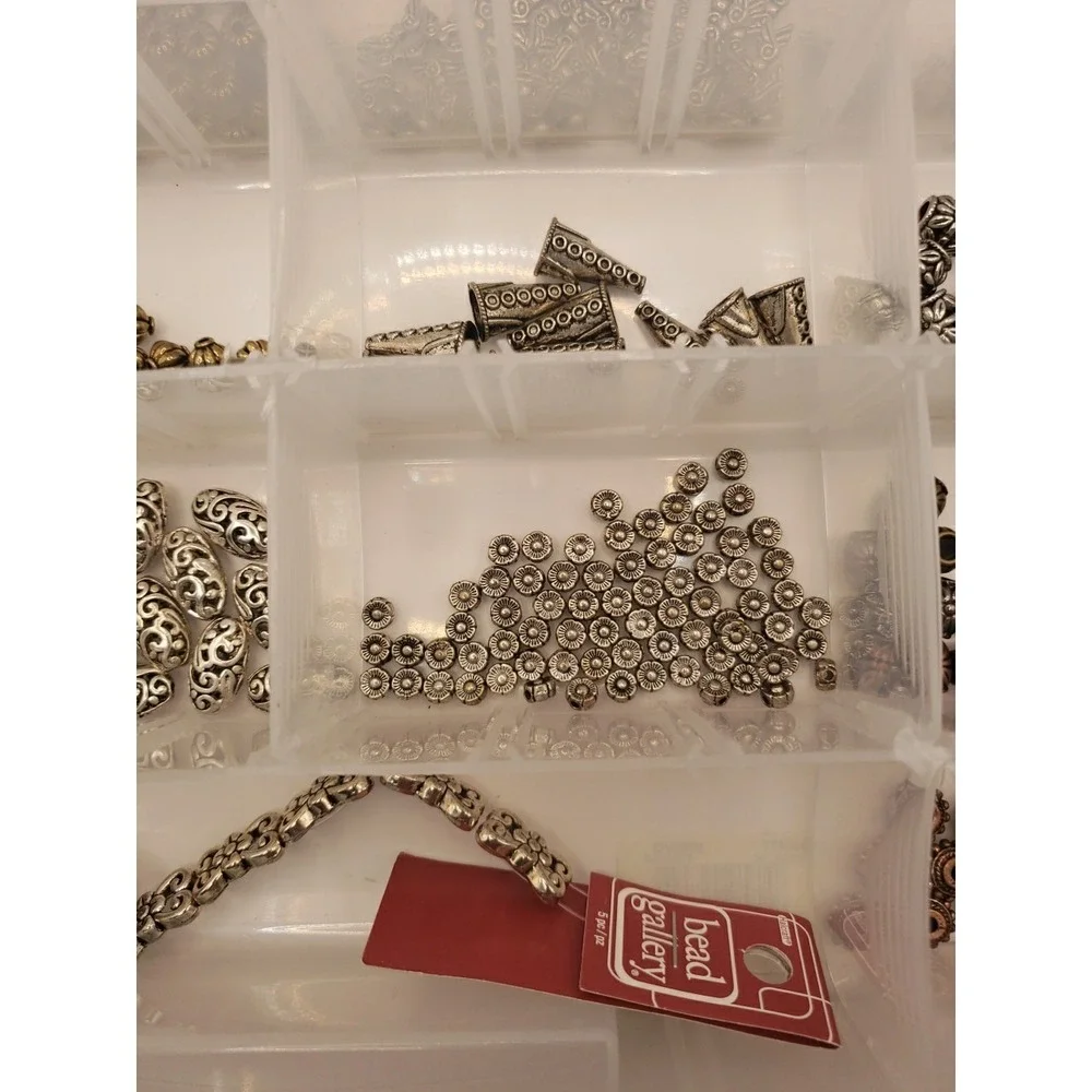 Assorted Jewelry Bead Lot Over 1lb Metallic Silver Gold Copper Spacers Findings